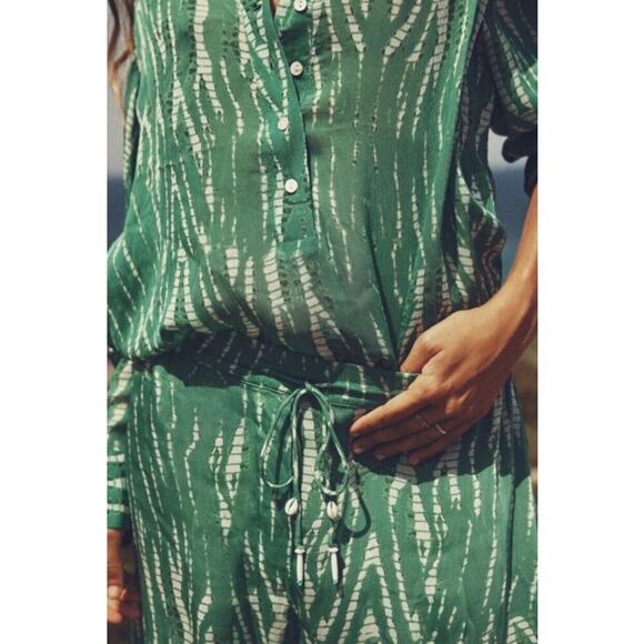 ZARA Green Printed Pajama Style Resort Set Top & Pants Small Medium Boho - Picture 3 of 12